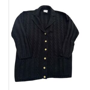Vintage Black Cable Knit Cardigan Women's Medium Button Fisherman White Stag
